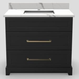 36" Dresser Standard Vanity Modern Shaker with Bevelled Handles and 1-Hole Quartz Top - Midnight/Gold/Milano/Classic White MDMSH36DRGDMICW Stonewood Cabinetry