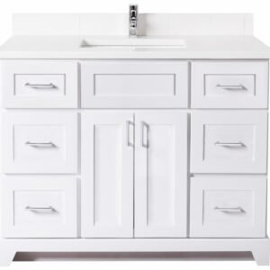 42" Standard Vanity Modern Shaker with Square Handles and 1-Hole Quartz Top - White/Chrome/Carrera/Classic White 42WHTMODSHKSQCHRMCARSINWH Stonewood Cabinetry