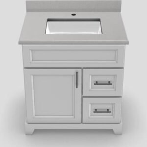 30" RH Drawer Standard Vanity Bellrose with Bar Handles and 1-Hole Quartz Top - White/Brushed Nickel/White Sand/Manhattan White PNT30RHWHTBELBARBNWHTSDMA Stonewood Cabinetry