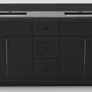 60" Double Sink Standard Vanity Modern Shaker with Square Handles and Prestige Knobs and 1-Hole Quartz Top - Midnight/Black/Tempest/Classic White PRE60DMIDMSPRBLKTEMP Stonewood Cabinetry