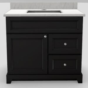 36" RH Drawer Standard Vanity Bellrose with Modern Knobs and 1-Hole Quartz Top - Brown Oak/Chrome/Fantasy/Classic White BOAK36RHFTSYCHRM Stonewood Cabinetry