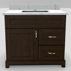 36" RH Drawer Standard Vanity Shaker with Curved Handles and 1-Hole Quartz Top - Chestnut/Chrome/Glacier/Classic White CSTNUT36RHGLCCC Stonewood Cabinetry