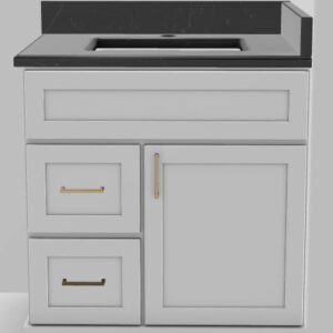 30" LH Drawer Vanity Modern Shaker with Square Handles and 1-Hole Quartz Top - White/Gold/Tempest 30LWHMSSQGLDTEMP Stonewood Cabinetry