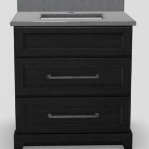 30" Dresser Standard Vanity Bellrose with Elegance Handles and 1-Hole Quartz Top - Lakewood/Brushed Nickel/Stratus/Classic White LKWD30DRELBNSTRATUS Stonewood Cabinetry