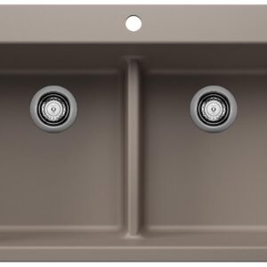 Liven 33 2 Bowl Silgranit Low Divide Dual Mount Kitchen Sink - Truffle 403638 Blanco