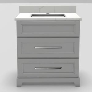 30" Dresser Standard Vanity Bellrose with Long Curved Handles and 1-Hole Quartz Top - Smoke/Chrome/Carrera/Classic White SMK30DRBLLGCHCAR Stonewood Cabinetry