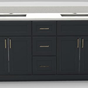 60" Double Sink Standard Vanity Modern Shaker with Square Handles and 1-Hole Quartz Top - Navy Grey/Gold/Suede/Classic White PRE60DBLNGRYSGD Stonewood Cabinetry