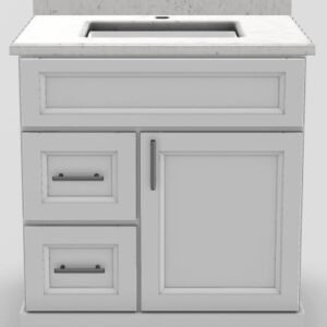 30" LH Drawer Standard Vanity Bellrose with Bar Handles and 1-Hole Quartz Top - White/Brushed Nickel/Squall/Classic White PNT30LHWHTBRBARBNSQUALL Stonewood Cabinetry
