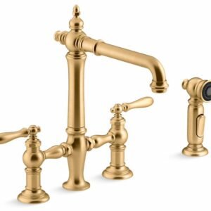 Artifacts 2-Hole Bridge Kitchen Faucet with Side Spray - Vibrant Brushed Moderne Brass 76519-4-2MB Kohler