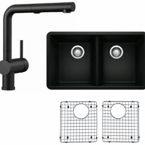 Horizon Undermount Sink with Linus Kitchen Faucet and Sink Grids - Coal Black BDL-402679/526374 Blanco