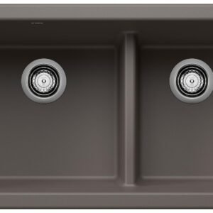 Ikon 33 1-3/4 2 Bowl Low Divide Undermount Apron Front Kitchen Sink - Volcano Gray 402918 Blanco