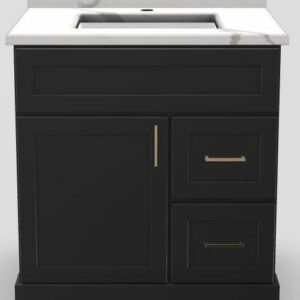 30" RH Drawer Standard Vanity Modern Shaker with Square Handles and 1-Hole Quartz Top - Midnight/Gold/Milano/Manhattan White PRM30RHMIDSHSQGDMIMAN Stonewood Cabinetry
