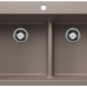 Liven 33 1-3/4 2 Bowl Silgranit Low Divide Dual Mount Kitchen Sink - Truffle 403646 Blanco