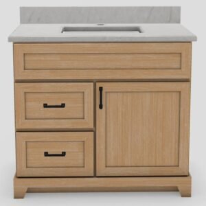 36" LH Standard Vanity Modern Shaker with Bevelled Handles and 1-Hole Quartz Top - Woodlyn/Black/Fantasy/Classic White V36LWDLNMSBVBLKFANTASY Stonewood Cabinetry