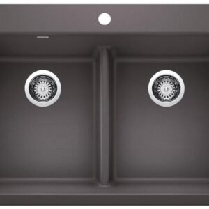 Liven 33 2 Bowl Silgranit Low Divide Dual Mount Kitchen Sink - Cinder 403636 Blanco