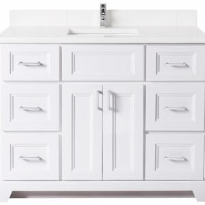 42" Standard Vanity Bellrose with Square Handles and 1-Hole Quartz Top - White/Chrome/Carrera/Classic White 42WHBELSQCHRMCARSINWHT Stonewood Cabinetry