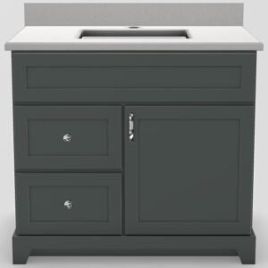 36" LH Drawer Standard Vanity Modern Shaker with Curved Handles and Knobs and 1-Hole Quartz Top - Moss Grey/Chrome/White Sand/Classic White MGMS36LHCRKNBCHRWHSAND Stonewood Cabinetry