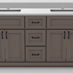 60" Double Sink Standard Vanity Bellrose with Bevelled Black Handles and 1-Hole Quartz Top - Driftwood/Black/Dover White/Manhattan White DRF60DBEVBLKDOV Stonewood Cabinetry