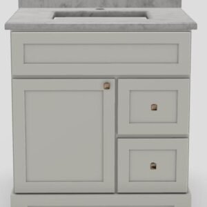 30 RH Drawer Standard Vanity Modern Shaker with Prestige Knobs and 1-Hole Quartz Top - Haven/Champagne Bronze/Frosty Grey/Classic White V30RSHVPRTKNBCHBRFRGREY Stonewood Cabinetry