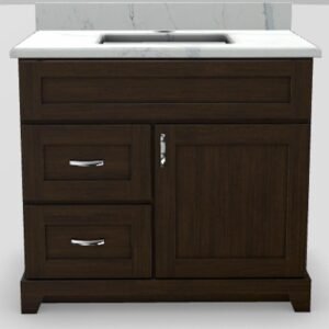 36" LH Drawer Standard Vanity Shaker with Curved Handles and 1-Hole Quartz Top - Chestnut/Chrome/Glacier/Classic White CSTNUT36LHGLCCC Stonewood Cabinetry