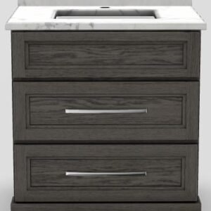 30" Dresser Standard Vanity Curved with Long Bevelled Handles and 1-Hole Quartz Top - Urban Oak/Chrome/Aurora/Classic White UOAK30DRBLLGCHRAUR Stonewood Cabinetry