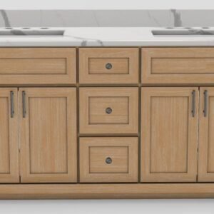 60" Double Sink Standard Vanity Modern Shaker with Bar Handles and Modern Knobs and Widespread Quartz Top - Woodlyn/Brushed Nickel/Milano/Classic White V60DSWDBARKNBBNMILANO Stonewood Cabinetry