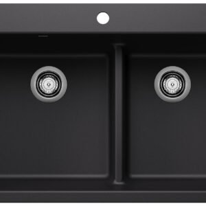 Liven 33 1-3/4 2 Bowl Silgranit Low Divide Dual Mount Kitchen Sink - Coal Black 403642 Blanco