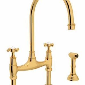 Georgian Era Bridge Kitchen Faucet With Side Spray - Unlacquered Brass U.4718X-ULB-2 Perrin & Rowe