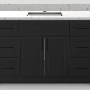 48" Standard Vanity Modern Shaker with Slim Handles and Widespread Quartz Top - Midnight/Black/Squall/Classic White PRE48MIDSSLBLSQCW Stonewood Cabinetry