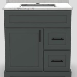 30" RH Drawer Shallow Vanity Modern Shaker with Bar Handles and 1-Hole Quartz Top - Moss Grey/Black/Aurora/Classic White 1830MSGRYBRBLKAURORACLWH Stonewood Cabinetry