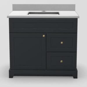 36" RH Drawer Standard Vanity Modern Shaker with Prestige Knobs - Navy Grey/Gold/Dover White/Classic White PRM36RHDWNAVYMSPRGDDOV Stonewood Cabinetry