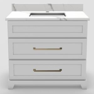36" Dresser Standard Vanity Modern Shaker With Long Bevelled Handles and 1-Hole Quartz Top - White/Gold/Milano/Manhattan White WHMSH36DRELDGMI Stonewood Cabinetry
