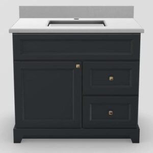 36" RH Drawer Standard Vanity Bellrose with Prestige Handles and 1-Hole Quartz Top - Navy Grey/Gold/Dover White/Classic White PRM36RHDWNAVYBK Stonewood Cabinetry