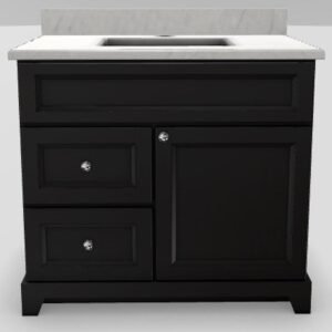 36" LH Drawer Standard Vanity Bellrose with Modern Knobs and 1-Hole Quartz Top - Brown Oak/Chrome/Fantasy/Classic White BOAK36LHFTSYCHRM Stonewood Cabinetry