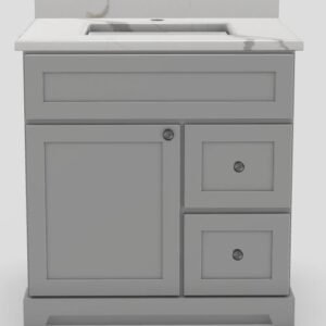 30" RH Drawer Standard Vanity Modern Shaker with Modern Knobs and 1-Hole Quartz Top - Smoke/Brushed Nickel/Milano/Classic White V30RSSMKNBBNMILANO Stonewood Cabinetry