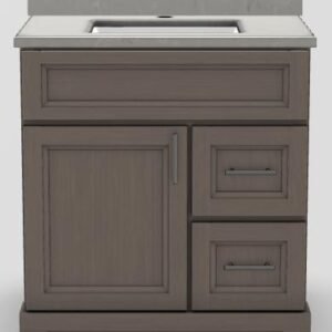 30" RH Drawer Shallow Vanity Bellrose with Bar Handles and 1-Hole Quartz Top - Driftwood/Nickel/Luna/Classic White 1830DRFBELBARBNLUNA Stonewood Cabinetry