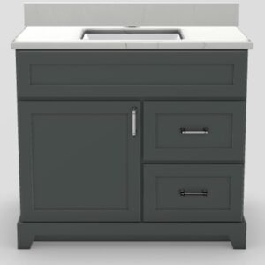 36" RH Drawer Shallow Vanity Modern Shaker with Bevelled Handles and 1-Hole Quartz Top - Moss Grey/Chrome/Carrera/Classic White 1836MSGRYBVCHRMCARCLWH Stonewood Cabinetry