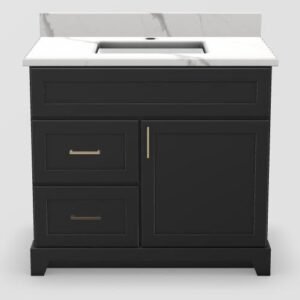 36" LH  Drawer Standard Vanity Modern Shaker with Square Handles and 1-Hole Quartz Top - Midnight/Gold/Milano/Classic White PRM36LHMIDSQGDMIL Stonewood Cabinetry