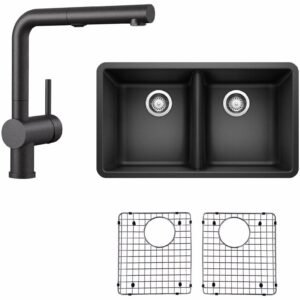 Horizon Undermount Sink with Linus Kitchen Faucet and Sink Grids - Anthracite BDL-401267/526367 Blanco