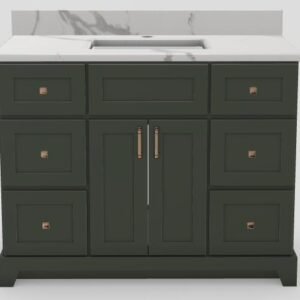42" Standard Vanity Modern Shaker with Bevelled Handles and Prestige Knobs and 1-Hole Quartz Top - Alpine/Champagne Bronze/Milano/Classic White 42SLPMSBVPRECHBRMILANO Stonewood Cabinetry