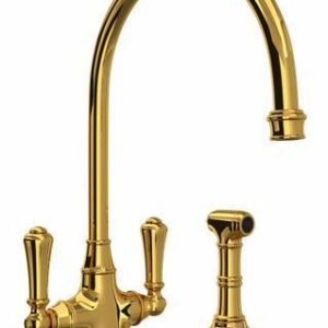 Georgian Era Two Handle Kitchen Faucet With Side Spray - Unlacquered Brass U.4710ULB-2 Perrin & Rowe
