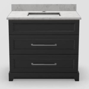 36" Dresser Standard Vanity Bellrose with Long Bevelled Handles and 1-Hole Quartz Top - MIdnight/Brushed Nickel/Frosty Grey/Manhattan White MDBEL36DRBNFRGRYMAN Stonewood Cabinetry