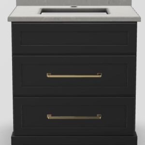 30" Dresser Standard Vanity Modern Shaker with Elegance Handles and 1-Hole Quartz Top - Midnight/Gold/Luna/Classic White MIDSH30DRELGLDLUNA Stonewood Cabinetry