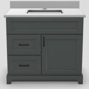 36" LH Drawer Standard Vanity Bellrose with Square Handles and 1-Hole Quartz Top - Moss Grey/Black/Dover White/Classic White PNT36LHMOSSSQBLK Stonewood Cabinetry
